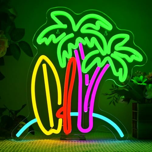 LUCUNSTAR Beach Palm Trees Surfing Neon Wall Light,Neon för Bar Restaurang Balkong Väggdekoration, Ljus Skylt Festrum, Neondekoration för Sovrum, Present till Kvinnor Män