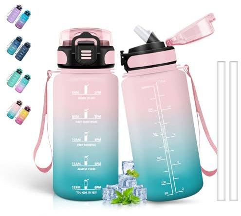 Gourde Graduée 500ml Anti-Fuite pour Enfant - Facile à Nettoyer, Motivation pour Filles - École, Bureau, Velo, Voyage, Camping, Rose-Vert