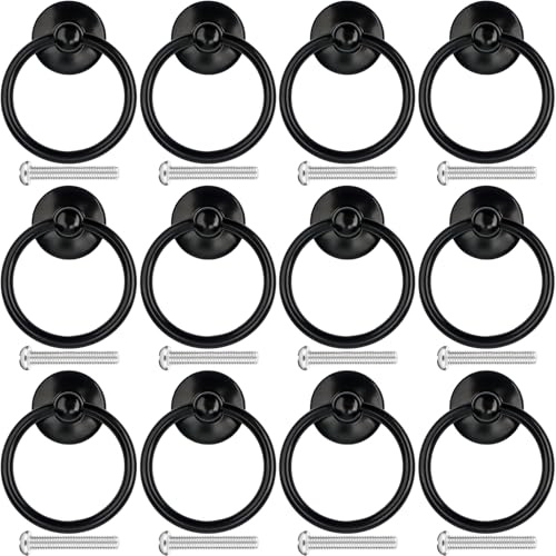 Roellgs 12PCS Vintage Drawer Handles, Retro Ring Drawer Knobs, Kitchen Cabinet Cupboard Door Ring Pull Handles, Antique Style Furniture Pull Handles (Black)
