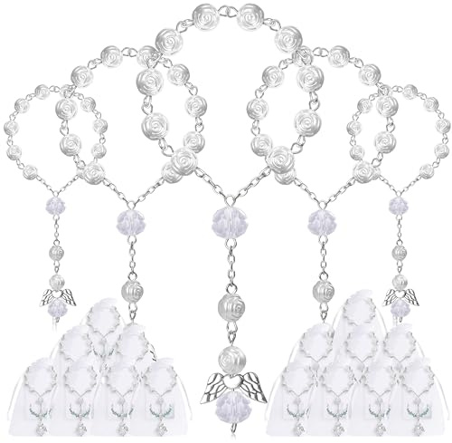 Fyshird 15 Stück Rosenkranz Katholisch mit Schutzengel Anhänger Geschenkanhänger Organzabeutel Glücksbringer Armband Gastgeschenke für Taufe Kommunion Konfirmation Hochzeit Auto Party (Silber)