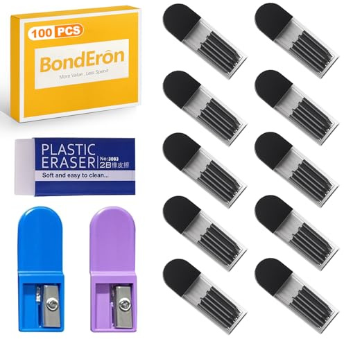 BondEron 100 Stück Zirkelminen 2mm 2B, Bruchfeste Ersatzminen Set mit Spitzer Radiergummi, Universal Kompatibel für Technisches Zeichnen Geometrie Schule