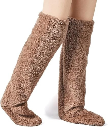 Oberschenkelhohe flauschige Socken für Damen, lange Knie-Beinstulpen, Hausschuhe, Plüsch, warm, über dem Knie, braun