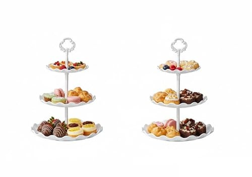 Set di 5 alzate per torte a più livelli in materiale PP, include 2 alzate rotonde a 3 livelli e 3 piatti quadrati per antipasti, moderno supporto per cupcake e tè pomeridiano per esposizione di feste