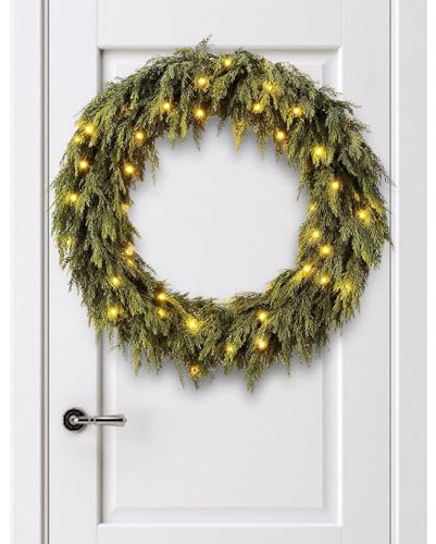 Christmas Garland - Artificial Greenery, LED Holiday Vine | Realistic Cypress Decoration Winter Seasonal Display, Lighted Evergreen Hanging Garland With Lights For Window Tree Fireplace Entryway