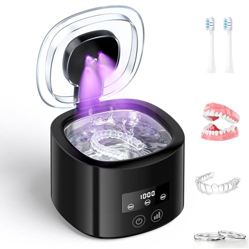 Ultrasonic Retainer Cleaner,2000mAh Rechargeable UV Ultrasonic Retainer Cleaning Machine,50kHz Portable Denture Cleaning Pod with Digital Timer for Mouthguard,Dentures,Toothbrush Heads,Jewelry,Black