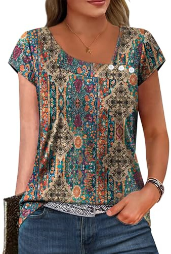 Floral Blouses for Women Dressy Casaul Elegant Short Sleeve Tops Loose Fitting Tunic Shirts Ethnic Blue Boho S