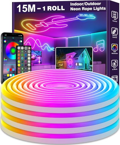 NUERPO 15m Led Neon Strip Lights,Flexible Led Rope Lights,IP65 Outdoor RGB Neon String Lighting,Control with App/Remote,Multiple Modes,Music Sync Gaming Strip Light for Bedroom Indoor