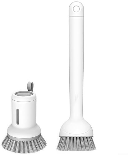 Duet of Kitchen Cleaning Brushes with Soap Dispenser and Long Handle for Effortless Dishwashing (White)