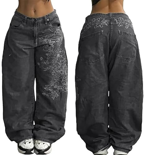 Jean baggy Y2K Boyfriend pour femme - Taille basse - Hip Hop Streetwear - Vintage - Jambes larges - Pantalon ample - Jean boyfriend baggy - Coupe droite - Jambes larges - Pantalon de loisirs
