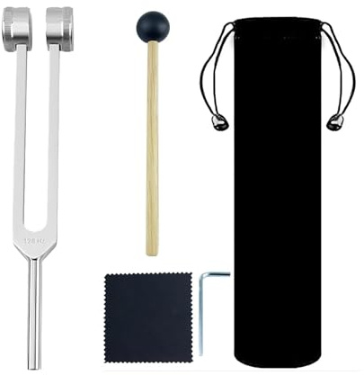 Tuning Fork en Aluminium 128Hz avec Maillet en Silicone, Outil de Réparation et Chiffon de Nettoyage, Sac en Velours Doux pour Thérapie par Vibrations, Tests Sensoriels et Harmonisation
