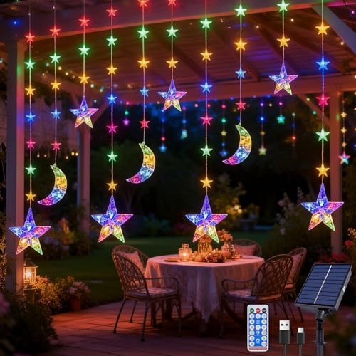 Ramadan Deko Lichterkette Stern, 3M Stern Mond Lichterkette Fenster Lichter Eid Mubarak Dekoration Sterne Mond Lichtervorhang Lichter mit Timer Ramadan Dekoration Fensterlichter für Party Deko (B)