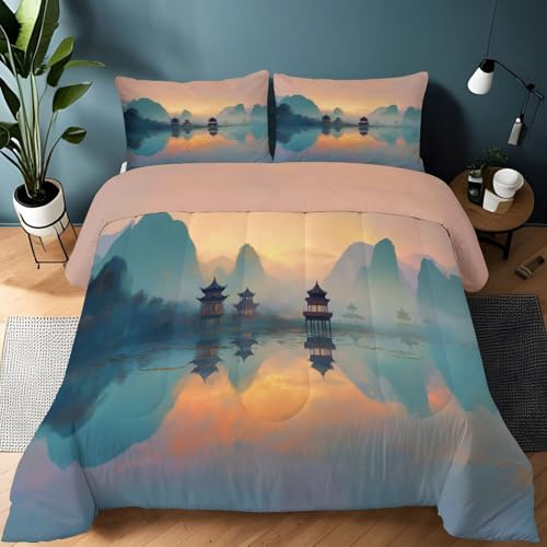 Bedding Natural Chinese Landscape Pavilion Comforter Set King, Lightweight Soft 3 Piece Pastel Comforter for Teens Boys Girls Adults Room Decor, Bedding Set All Season (104 x 90)