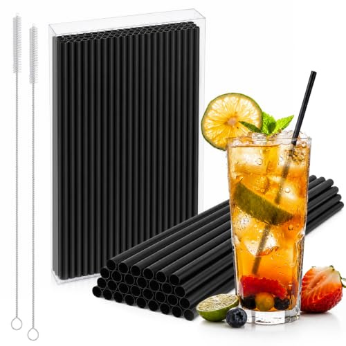 lafo 100 Strohhalme Plastik Strohhalme wiederverwendbar, schwarz, 6x260mm PP, Plastikstrohhalme, Mehrweg-Strohhalme Set mit 2 Edelstahl-Reinigungsbürsten, Trinkhalme Plastik