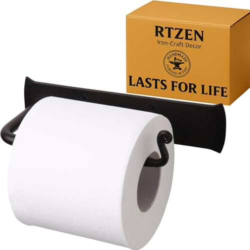 RTZEN Bathroom Toilet Paper Holder - Handcrafted Rustic Wrought Iron Wall Decor Toilet Roll Holder - Black Matte Wall Mount Bar for Modern Farmhouse Bathroom Decor