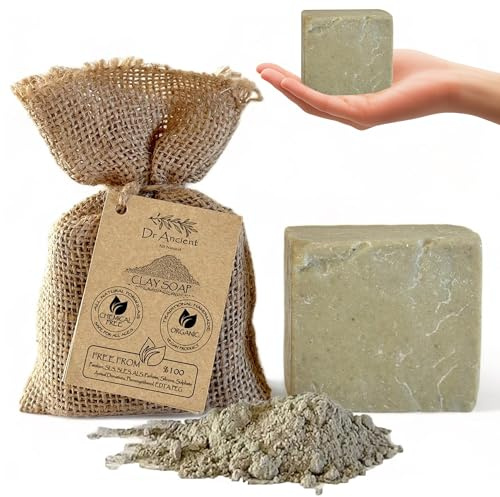 Organisk, naturlig, vegansk, traditionell, handgjord, antik lertvål – mineralpeeling, porminimerare, behandlar akne och fet hud – inga kemikalier, rena naturliga tvålar!