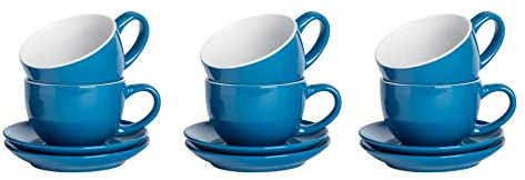 Argon Tableware Blue Cappuccino Cups with Saucers - Set of 6-250ml Dishwasher Safe Gloss Stoneware Cappuccino Cups and Saucer Set Coffee Mugs with Handle and Grooved Plate