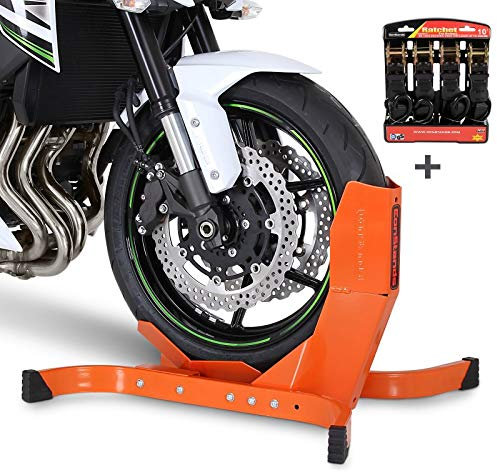 ConStands Easy Plus - Motorradwippe inklusive 4-Fach Spanngurt-Set orange Kompatibel mit Anhänger | Zurrschlaufen Radhalter Radklemme