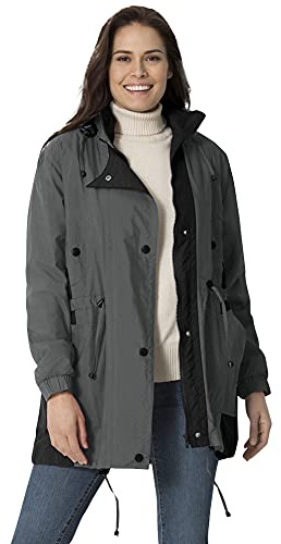 Woman Within Plus Size Colorblocked Taslon Anorak - 1X, Slate Black