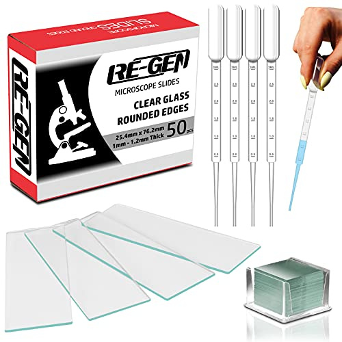 RE-GEN Mikroskop-Test-Set, 50 runde Glasschieber, 100 Abdeckschieber + 50 Kunststoff-Pipetten.