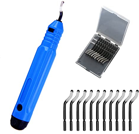 SZXMDKH Entgrater Werkzeug Universal, Metallgriff Handentgrater mit 11 Stück Ersatzklingen, 360 ° Rotierender Klinge Schneidwerkzeug für 3D Drucker, Kunststoff, Aluminium und Edelstahl, Blau