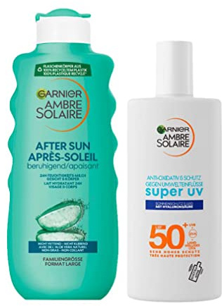 Garnier Ambre Solaire Sommer Set: Anti-Pigmentflecken Sonnenfluid LSF 50+ mit Hyaluronsäure (40ml) - Zieht schnell ein + After Sun Lotion mit Aloe Vera (400ml) - Kühlende Bodylotion