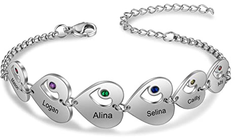 lorajewel Armband Damen Personalisierte Armbänder mit Gravur 1-6 Herz Name Geburtsstein Armband Muttertagsgeschenk Geburtstag Geschenke für Mama Tochter