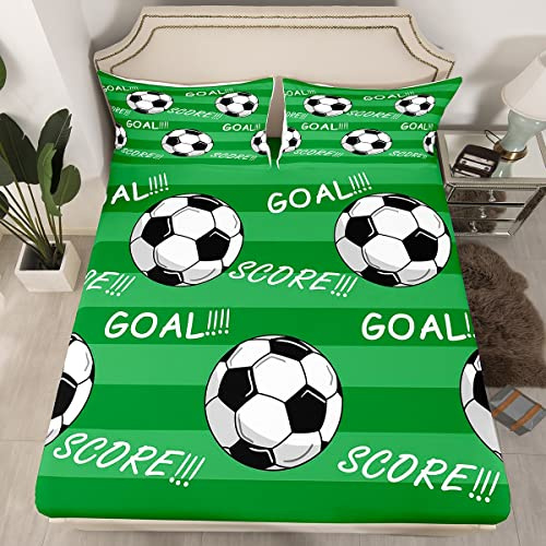 Set di biancheria da letto per ragazzi con lenzuolo con angoli e motivo pallone da calcio, traspirante, per letto singolo