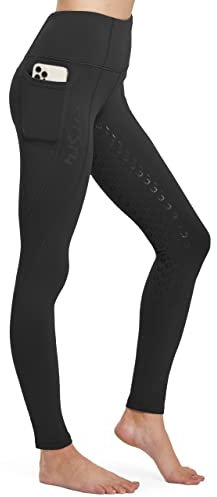 FitsT4 Sports Damen Winterreitleggings Silikon Vollbesatzreithose mit Fleecefutter mit Handytasche und Gürtelschlaufen,Schwarz,M