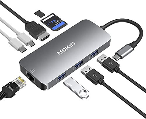 USB C Hub Multiport Adapter for MacBook/Dell/HP, MOKiN 9 IN 1 USB C Dongle Laptop Docking Station with 4K HDMI Ethernet, Laptop Adapter 3 USB Port, 100W PD Charging, SD/TF
