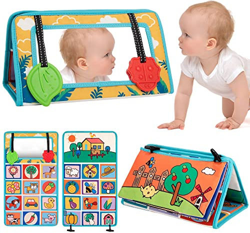 Wisplye Baby Spiegel Spielzeug, Faltbarer Baby Bauchlage Sensorisches Spielzeug mit Knisterbuch Stoffbücher, Kontrastmuster Tier Gemüse kognitives Lernspielzeug für Neugeborenes Kleinkinder