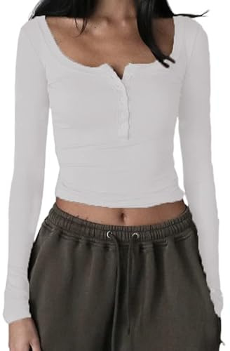 YILEEGOO Women's Casual Y2K Button Long Sleeve Slim Fit Tops Shirt Round Neck Tee Short Tops T-Shirt