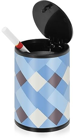 Karierte Blau Weiß Braun Aschenbecher für Zigaretten Outdoor Tisch mit Deckel Geruchssicher Edelstahl Tragbare Rauchfreie Butt Dosen Zigarette