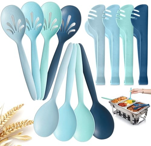 RayPard Reusable Plastic Serving Utensils Set of 12, Wheat straw Large Serving set 10 Serving Spoons/10 Slotted Spoons/9.4 Tongs, for Party Buffet Catering (Ocean, Not for Cooking)