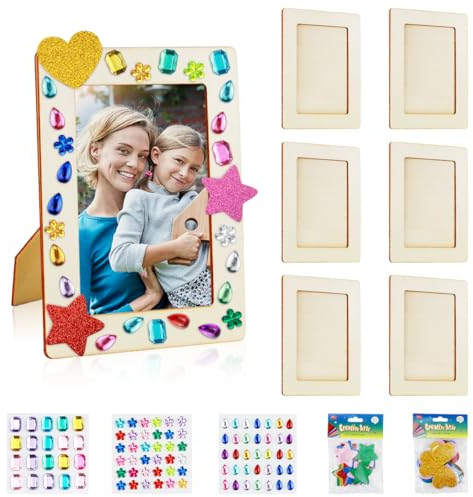 Veiteibe 6 Stück Bilderrahmen Selbstklebend, Bilderrahmen Set DIY, Bilderrahmen Selbst Gestalten, Holz Bemalen Kinder, mit 3 Tüten Aufkleber-Diamanten und Zwei Packungen Zubehör