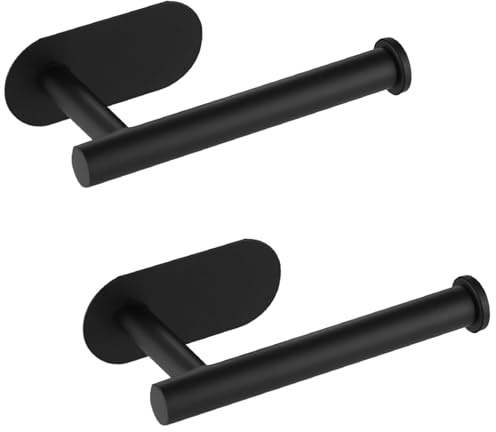 BRIOTA 2PCS Toilet Roll Holder Wall Mounted, stick on toilet roll holder, toilet roll holder self adhesive, Black Stainless Steel, Free Standing for Bathroom, Kitchen, Loo, Matte Black, 16cm