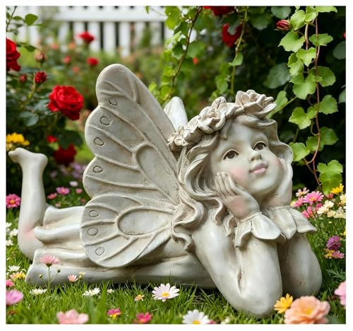 Statua decorativa da giardino delle fate, angelo in resina, statua da giardino con farfalla, angelo che riposa teneramente tiene il viso, adorabili statuette per decorazioni esterne su patio, cortile,