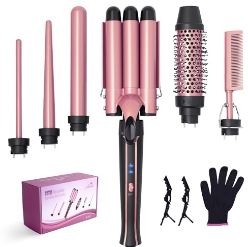 Asani Curling Iron Wand Set 6-in-1 - Beachwaver Hair Curler with 3 Barrel Hair Crimper, Tapered, Spiral Curling Iron - Fast Heating Travel Hot Styling Tools for Women with Dual Voltage (110-240V AC)