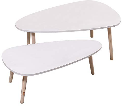 HUOLE 2er-Set Beistelltisch Coffee Tisch Sofatische-Set Satztische, Couchtische mit Beinen aus Massivholz, Tischkombination für Büro, Küche, Wohnzimmer-Zwei Ovale – Weiß
