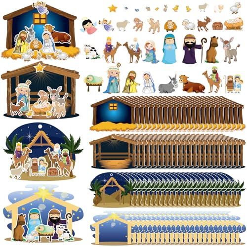 Glenmal 96 Blatt Weihnachtskrippen-Aufkleber, Krippenbasteln für Kinder, religiöse Weihnachtsbasteln, Aufkleber mit Szene, Karton und Seil, für Gastgeschenke, Weihnachtsbaum