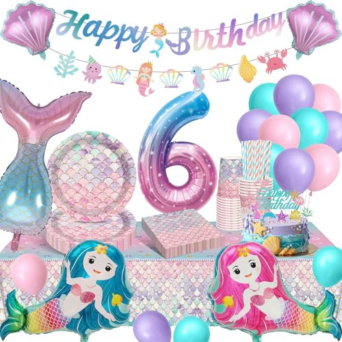 YIMAKJ Meerjungfrau Geburtstag Deko 6 Jahr, Kindergeburtstag Partygeschirr Set Mit Pappteller, Pappbecher, Tischtücher, Ballons Für Geburtstagsdeko Mädchen 16 Gäste