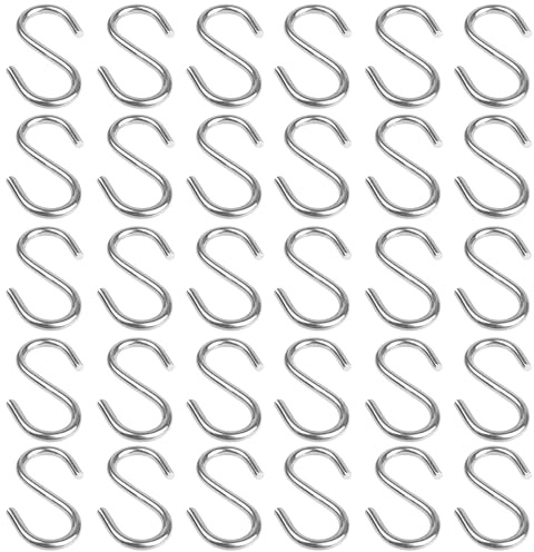 AUXBC 32PCS 1-1/2 Inch 304 Stainless Steel S Hooks, Heavy Duty M3 Hanging Hooks Mini S Shaped Hangers, Curtain Hanging Connectors S Shaped Utility Hooks