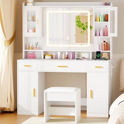 ANWBROAD Grande Coiffeuse avec Miroir et Tabouret Éclairage LED Réglable Moderne Blanche avec Prise 3 Couleurs Luminosité Réglable Coiffeuse 4 Rangement 3 Tiroirs 150x100x40cm BDT66W