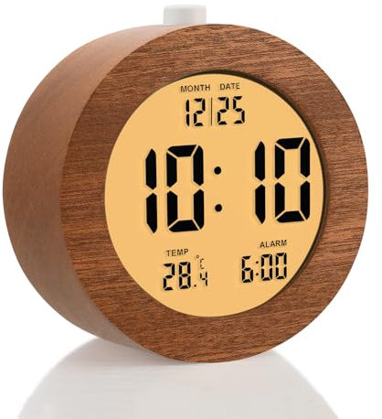 Plumeet Sveglia digitale in legno per camere da letto, sveglia in legno da 10,2 cm alimentata a batteria con snooze e luce notturna, orologio elettronico da scrivania LCD display ora, data