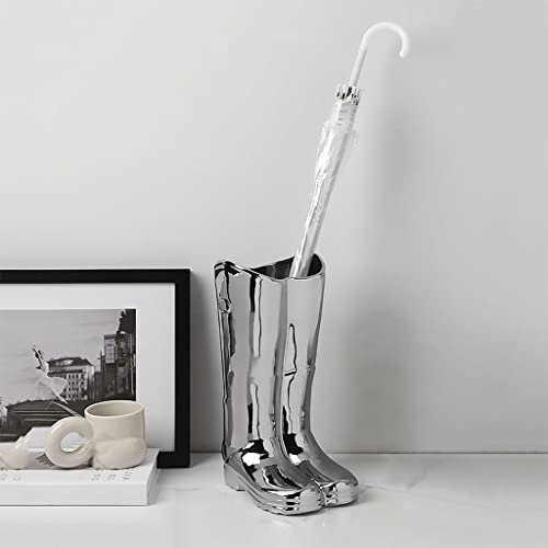 Regenschirmständer aus Keramik, Motiv: Regenstiefel, Innenbereich, Flur, Dekoration, Eingangsbereich, Vase, silberfarbener Schirmständer