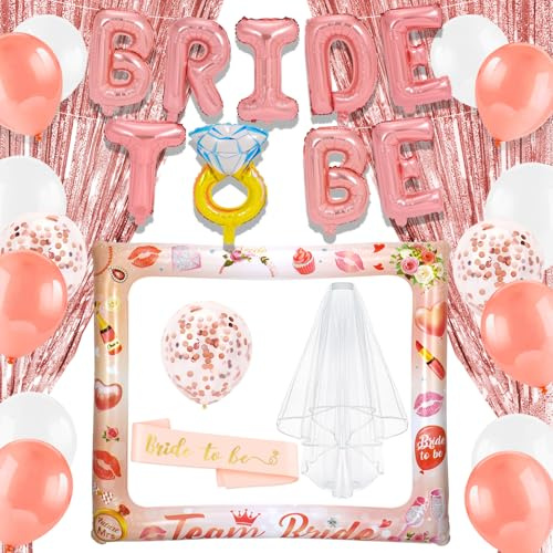 HOWAF Decoracion Despedida de Soltera: Accesorios de Novia Futura y Velo, Globos Bride to Be, Cortinas Fiesta, Marco de Fotos Hinchable, Rosa