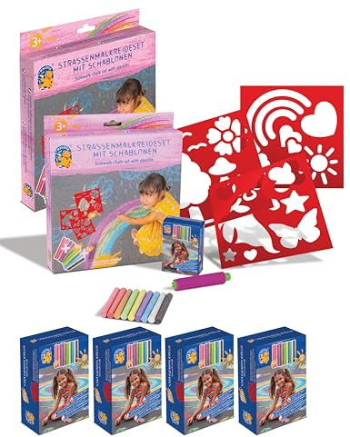 PUSTEFIX 2x MALEFIX Schablonenset Unicorn + 4x Nachfüllpack 18er Kreide I Leuchtende Straßenkreide Farben mit Schablone, leicht aufzutragen I Einfach mit Wasser zu entfernen I Für Kinder & Erwachsene