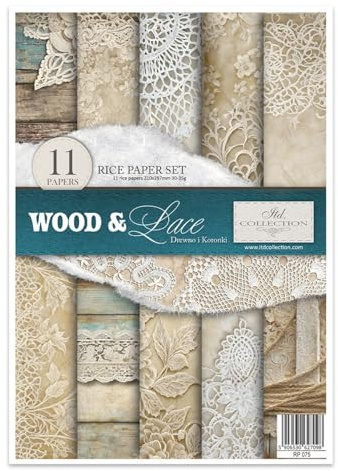 ITD Collection - Reispapier Decopatch - Decoupage Papier - Motivpapier für Serviettentechnik - Rice Paper Sheets - A4 29,7 x 21 cm - Wood & Lace - RP-075