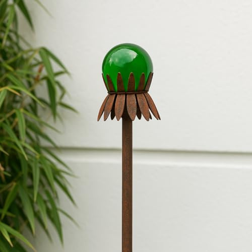 Zen Man Gartenstecker mit Grüner Glaskugel, Edelrost Metall, 80 cm Höhe, Gartendekoration,032291