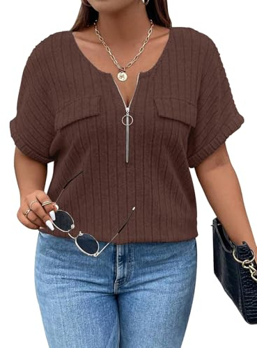 Gemulate Plus Size Ladies Tops Summer Short Sleeve Tops V Neck Zipper Tunic Plus Size Clothes for Women Casual Wear Women Oversized Solid Color Shirts Blouses Brown XXXX-Large