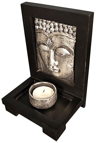 Vaguelly Buddha Figur Kerzenständer MDF Harz Meditation Desktop Schmuck Silberfarbig Robust Für Buddhisten Und Entspannung
